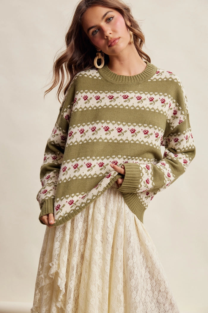 Olive Floral Stripe Sweater