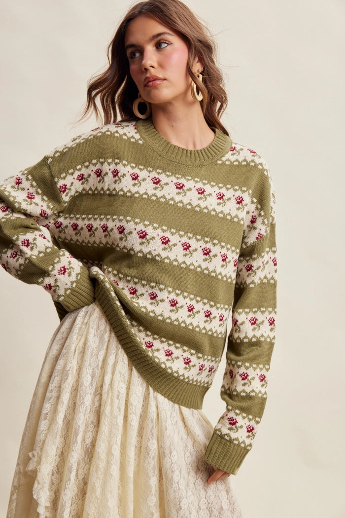 Olive Floral Stripe Sweater