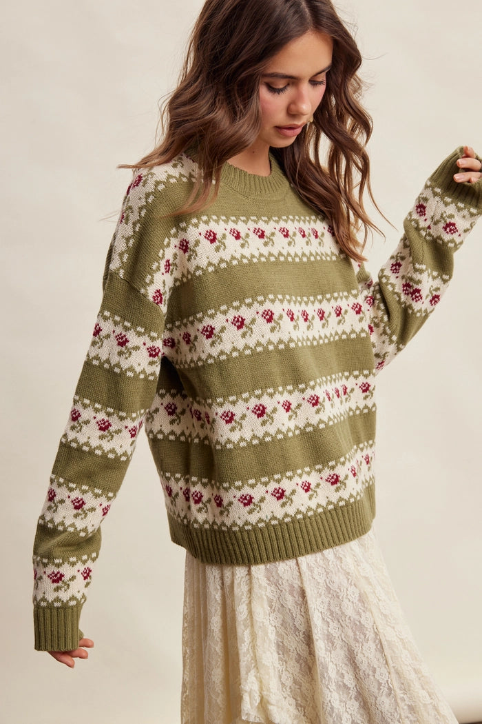 Olive Floral Stripe Sweater