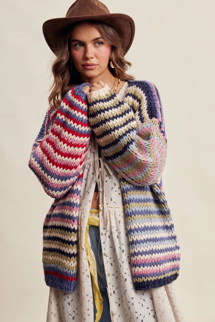 Multicolor Chunky Knit Striped Cardigan