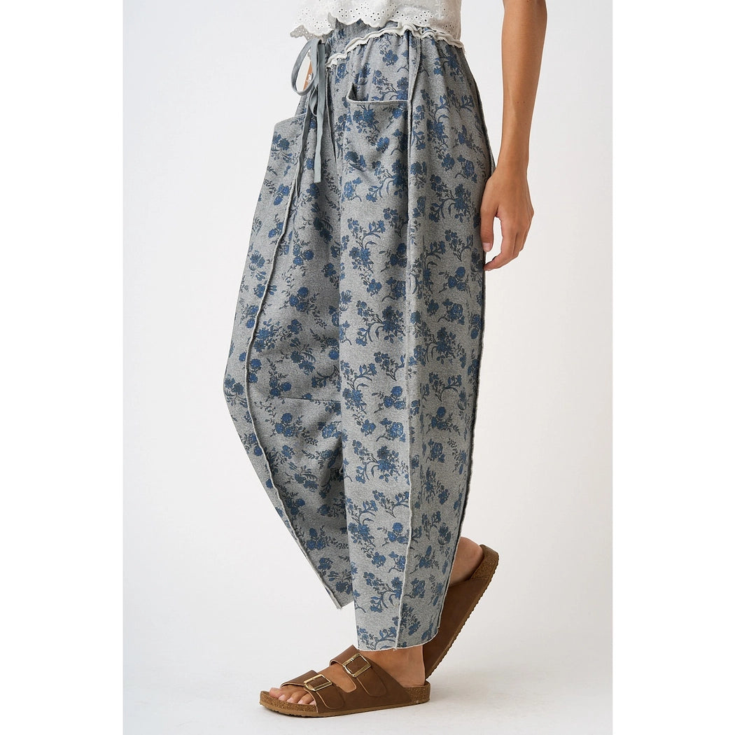 Blue Floral Print Barrel Pant