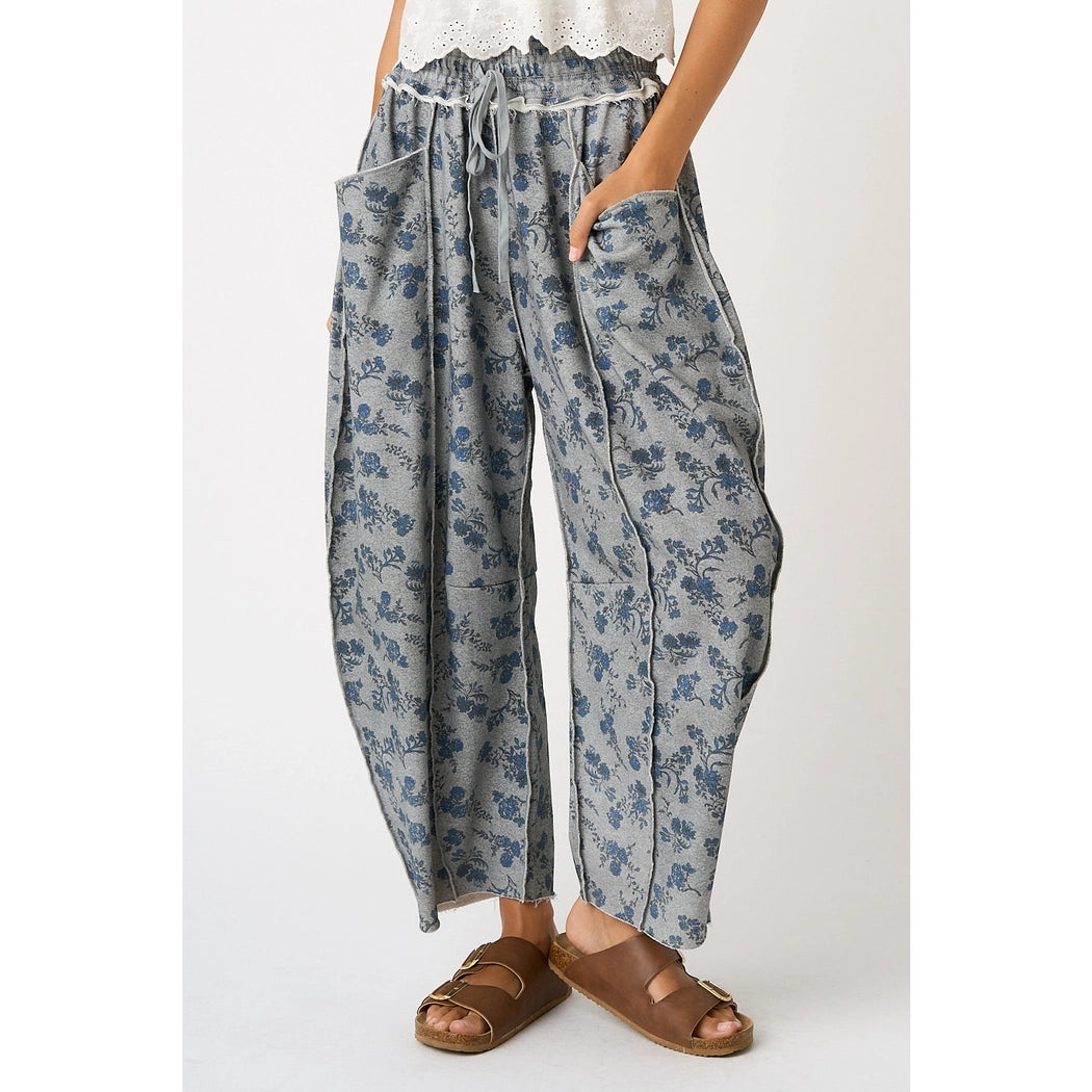 Blue Floral Print Barrel Pant