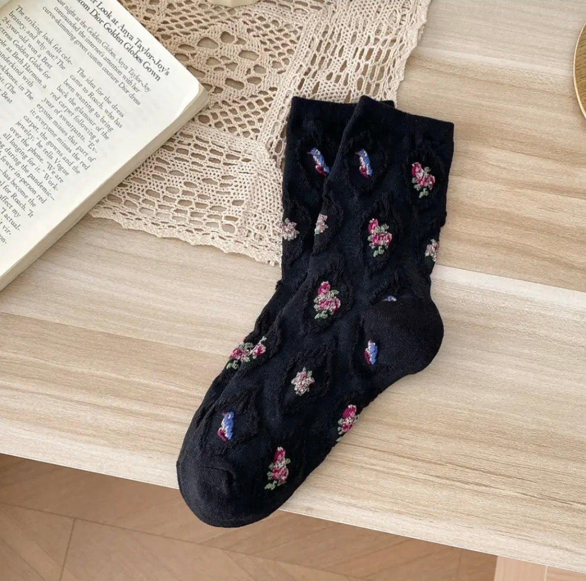 Black Floral Socks