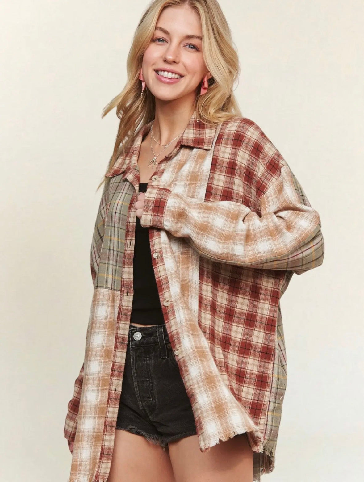 Rust and Sage Mixed Plaid Top