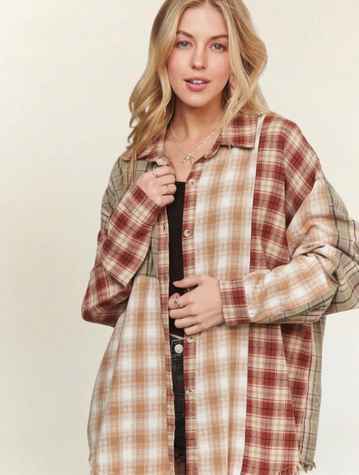 Rust and Sage Mixed Plaid Top