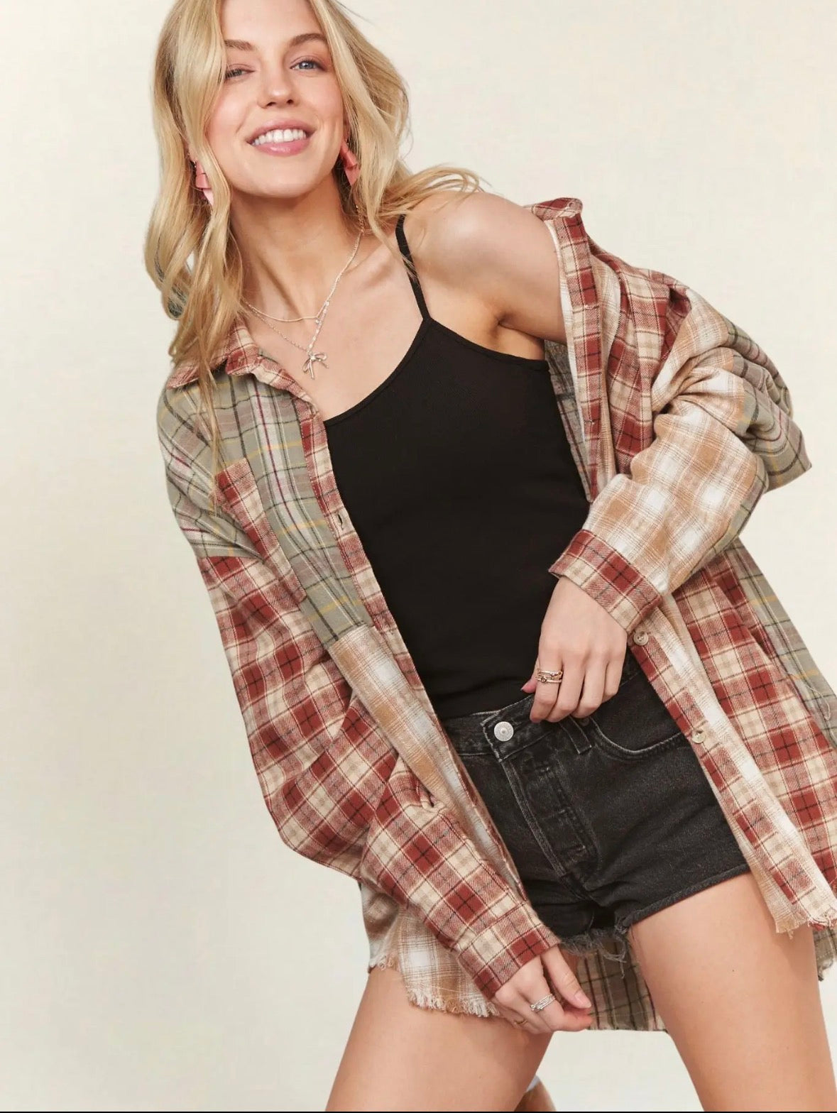 Rust and Sage Mixed Plaid Top