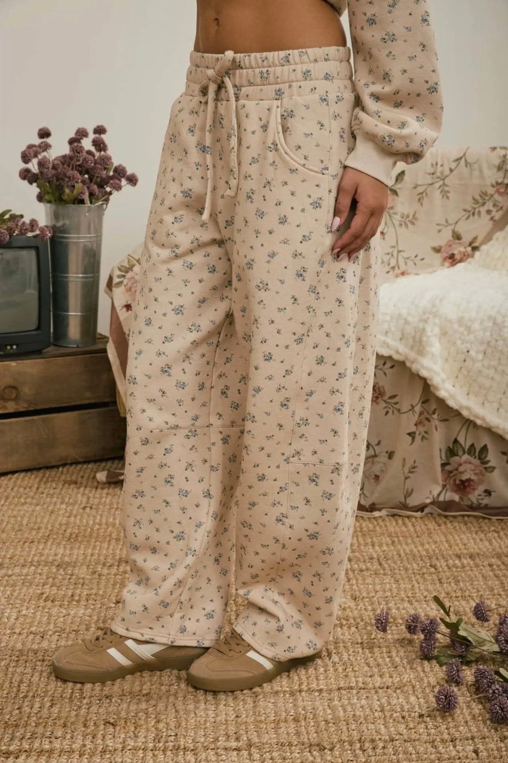 Beige Floral Sweatpants