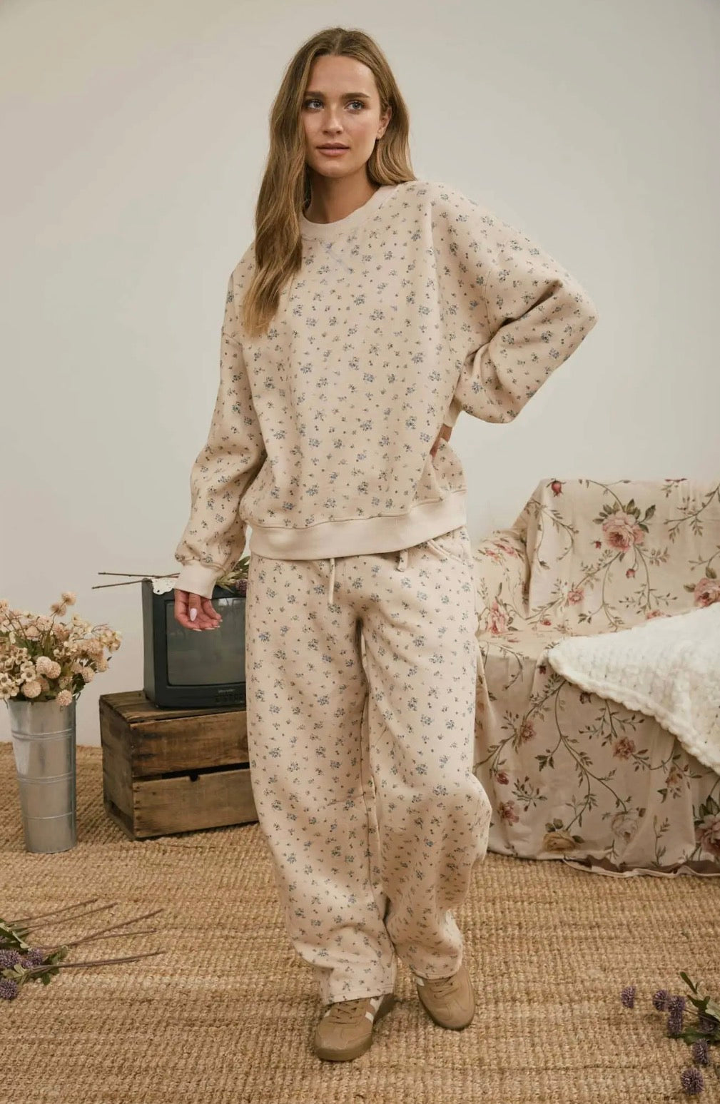 Beige Floral Sweatpants