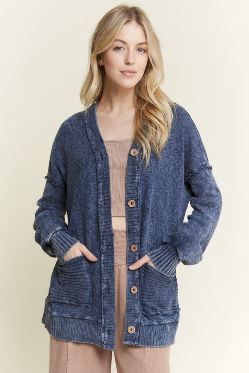 Navy Mineral Wash Pocket Cardigan