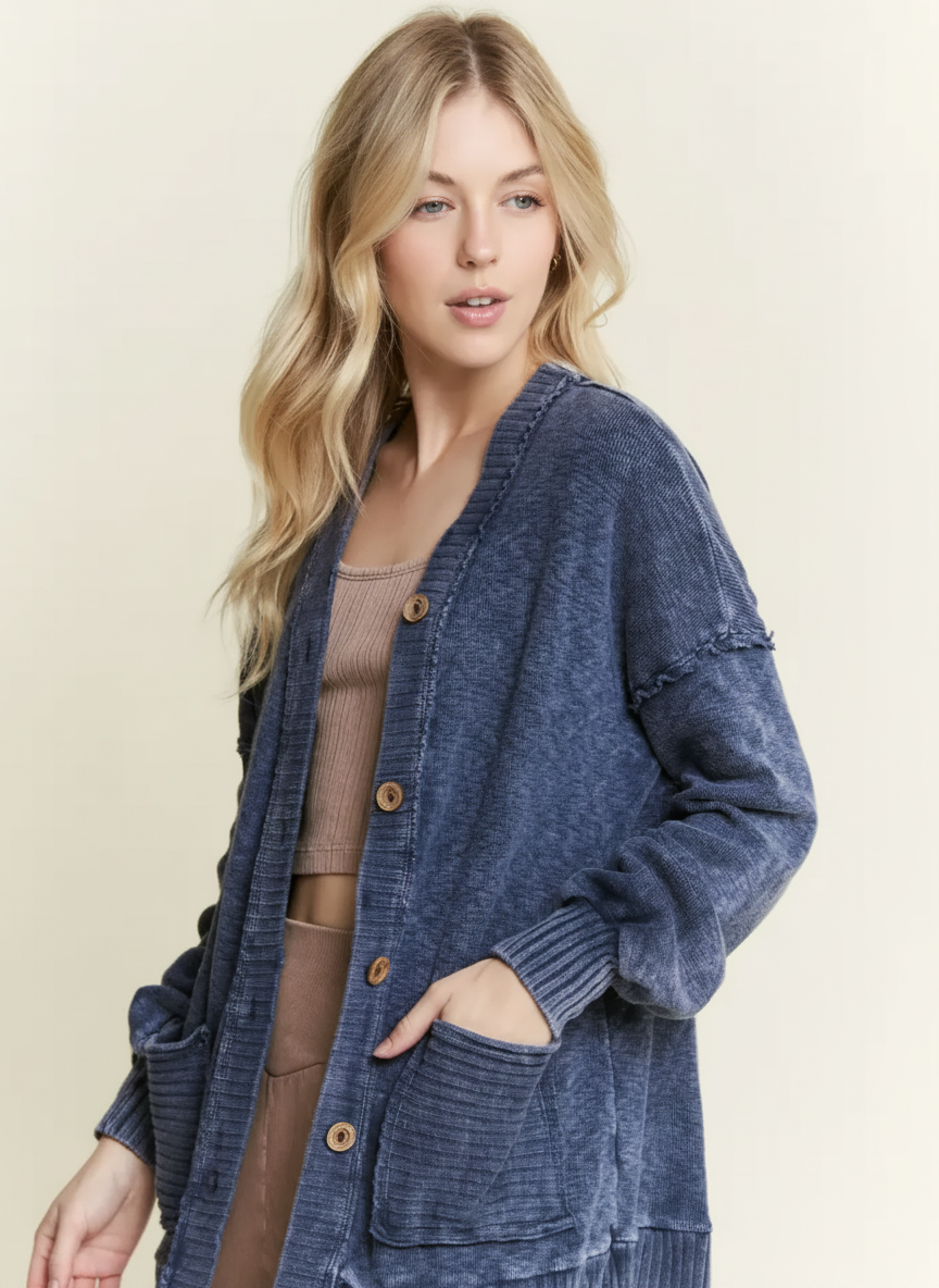 Navy Mineral Wash Pocket Cardigan