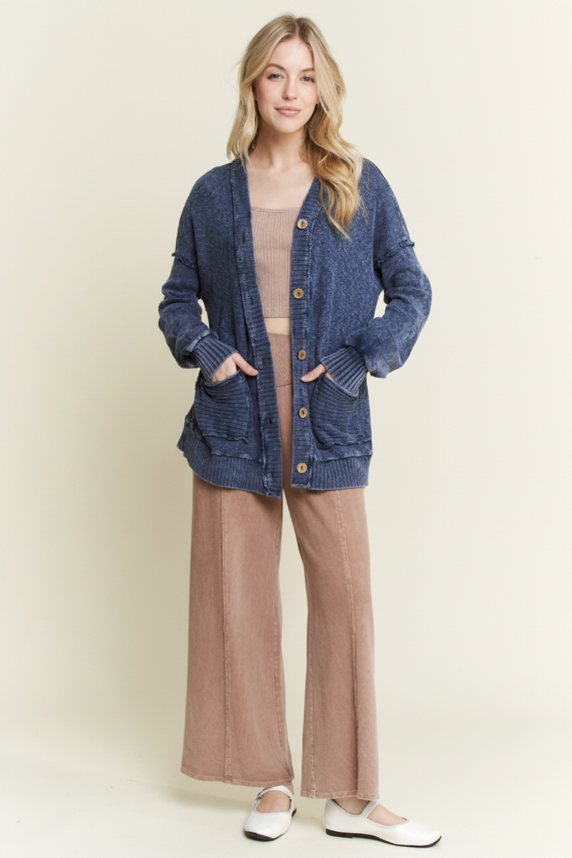Navy Mineral Wash Pocket Cardigan