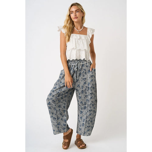 Blue Floral Print Barrel Pant