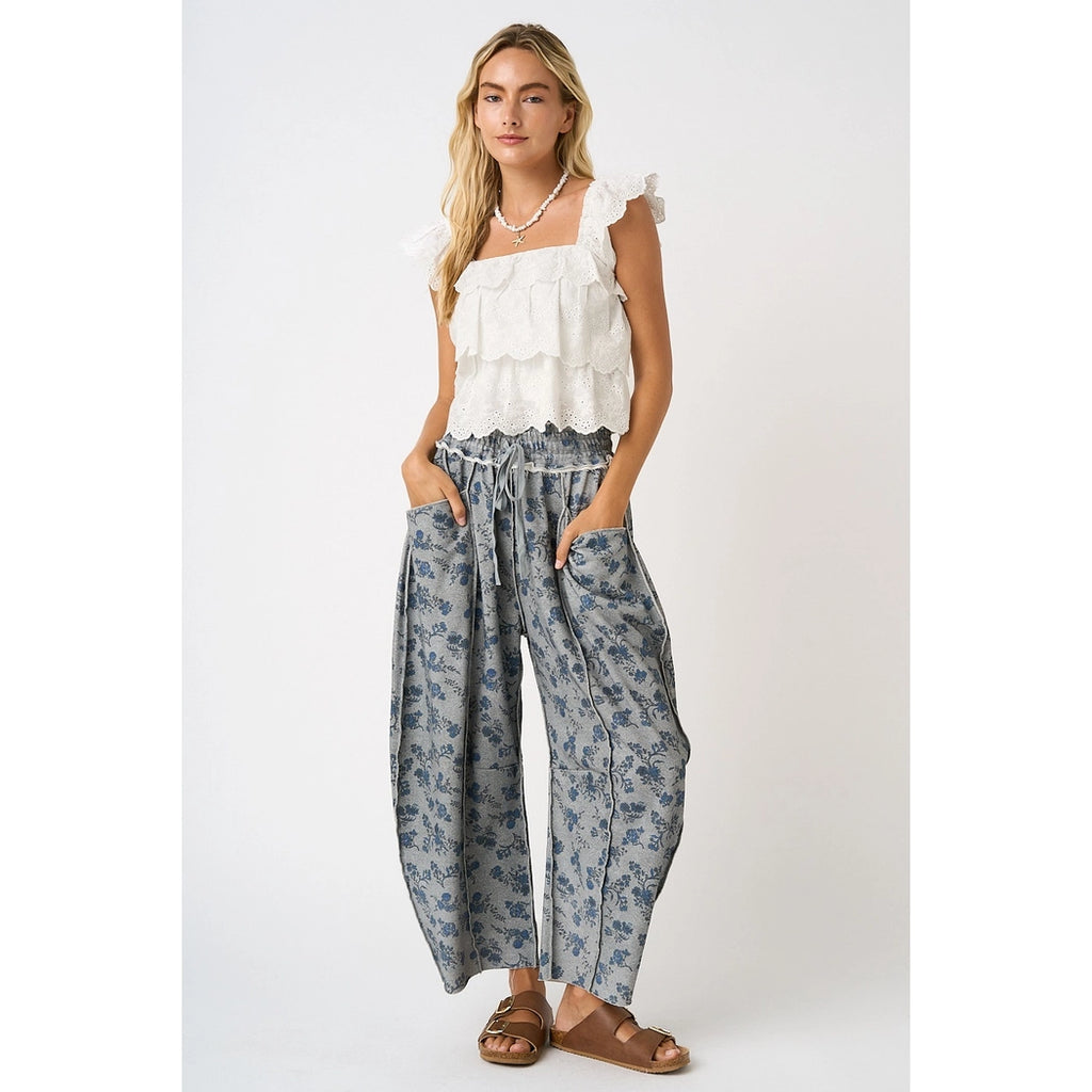 Blue Floral Print Barrel Pant