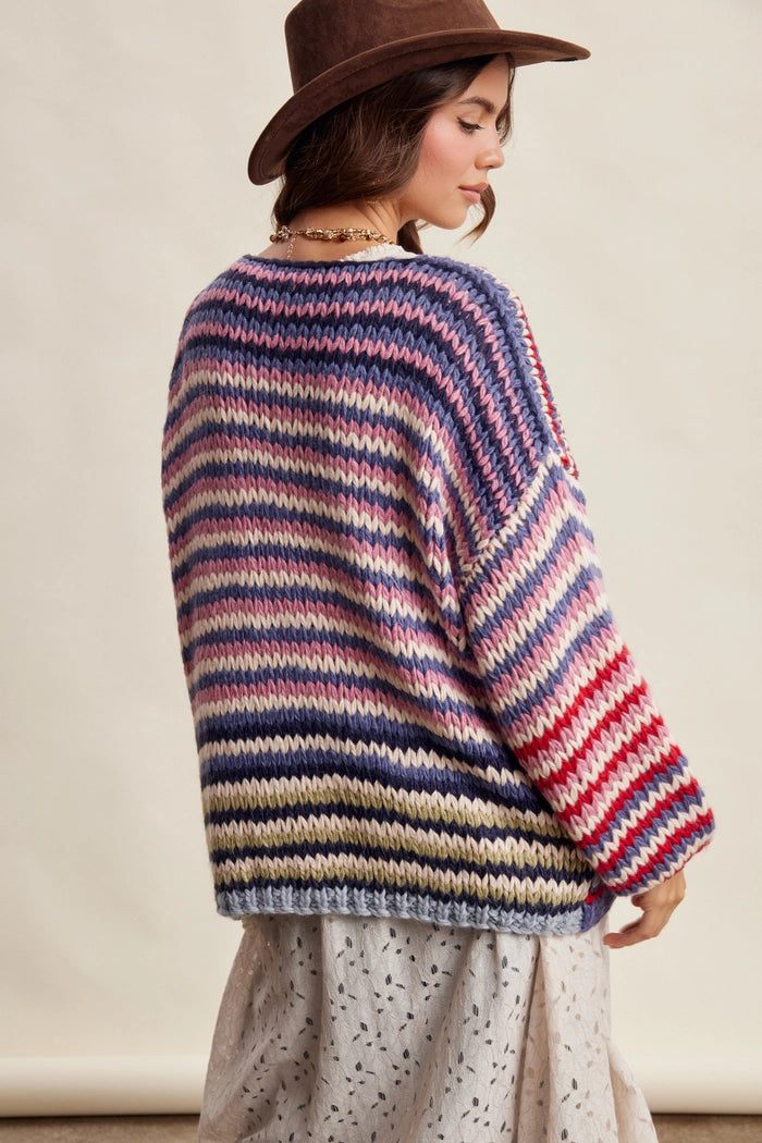 Multicolor Chunky Knit Striped Cardigan