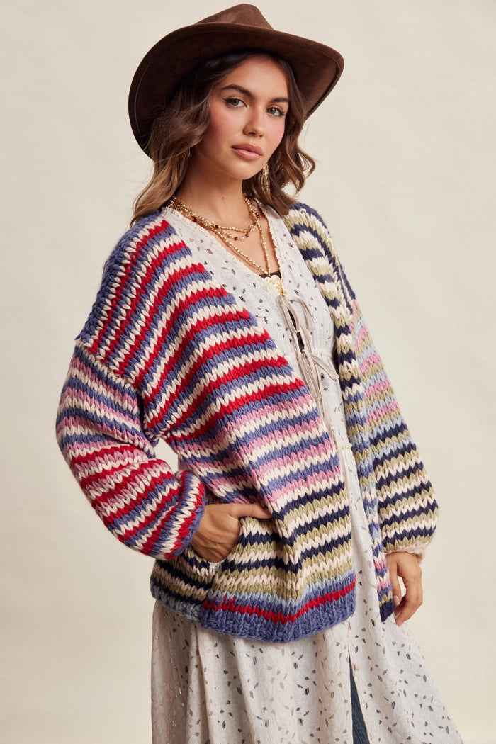 Multicolor Chunky Knit Striped Cardigan