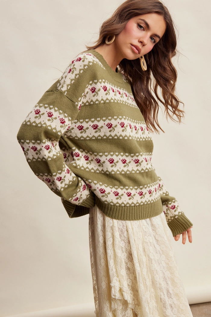Olive Floral Stripe Sweater