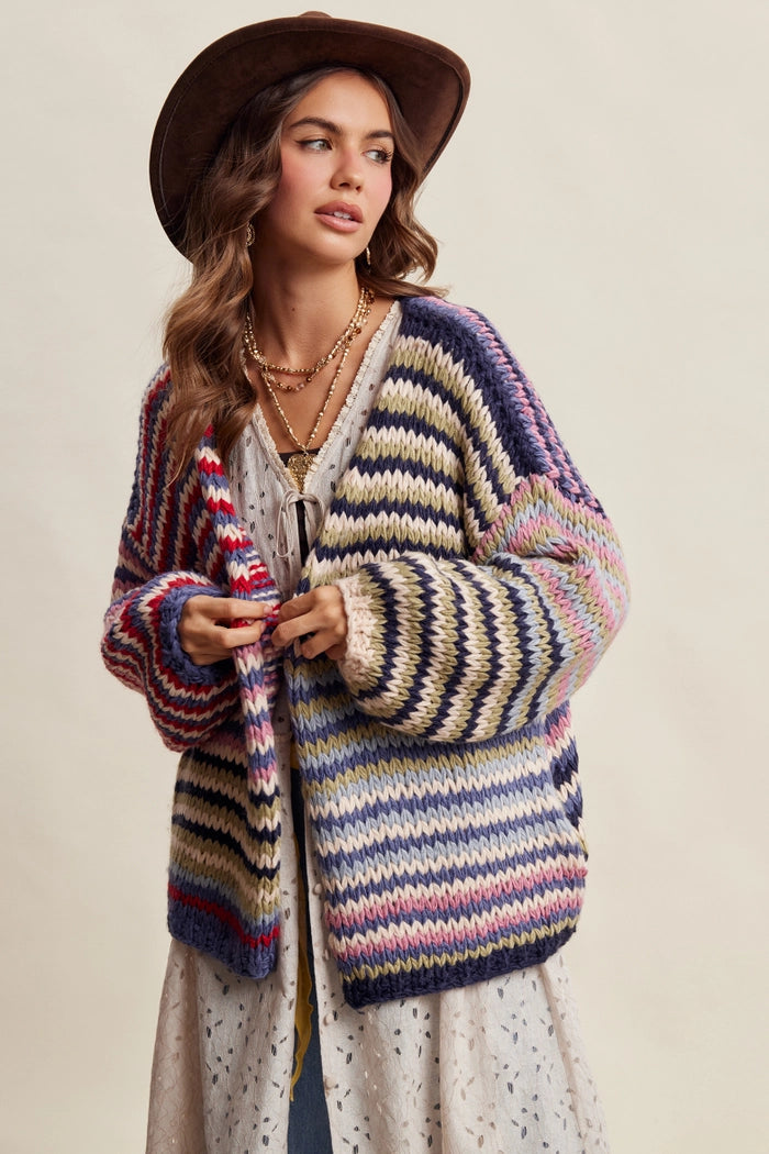 Multicolor Chunky Knit Striped Cardigan